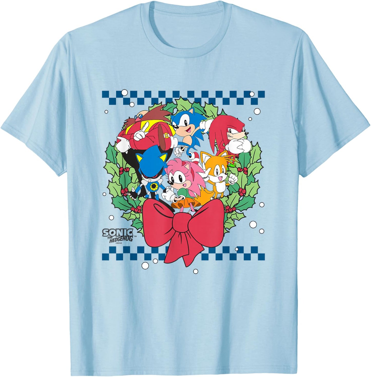 Sonic The Hedgehog Christmas Wreath Group Shot Chest Logo T-Shirt - T-Shirt | Light Blue
