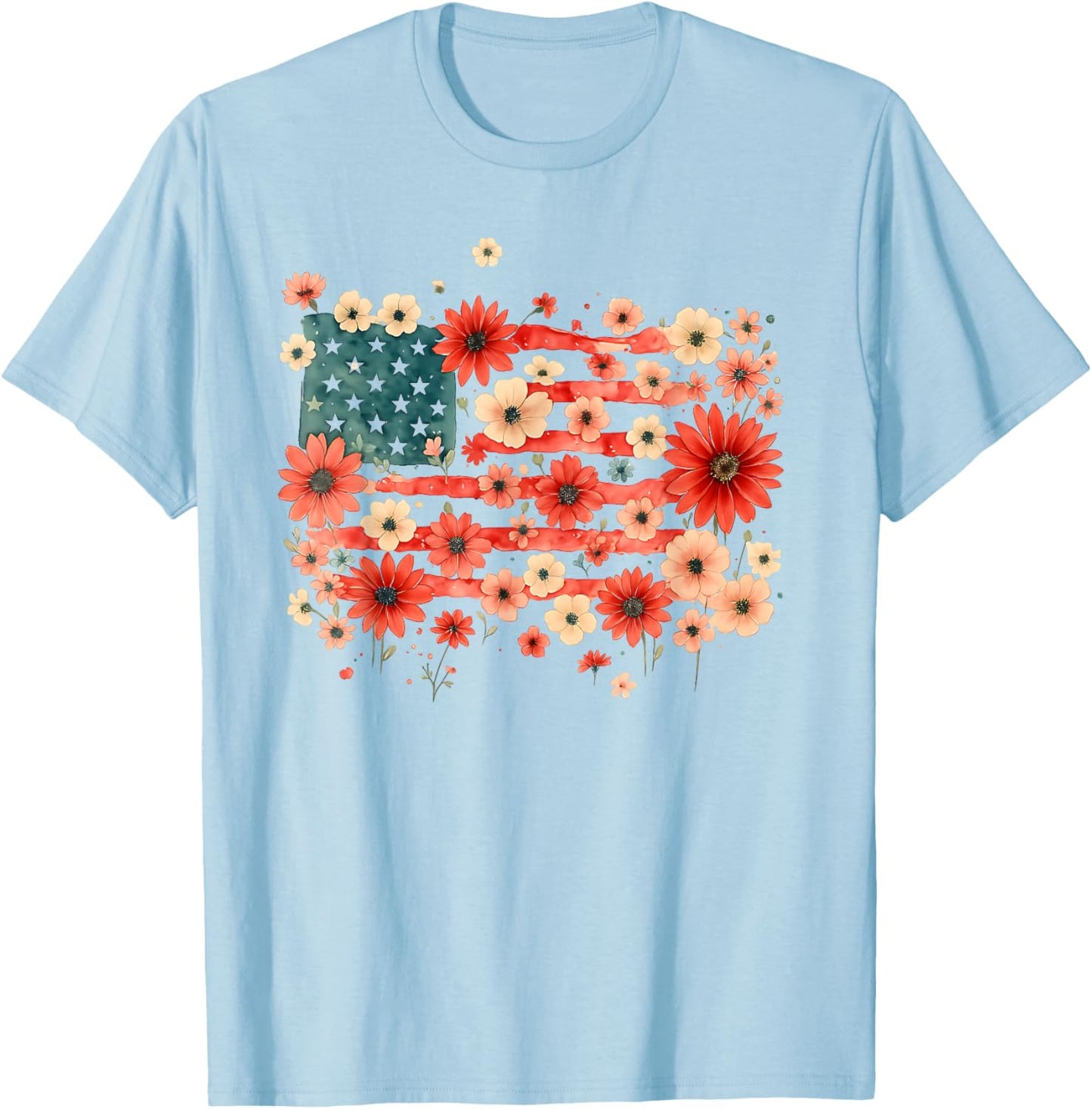 Floral American Flag Daisy 4th July Girls Women Patriotic T-Shirt - T-Shirt | Light Blue