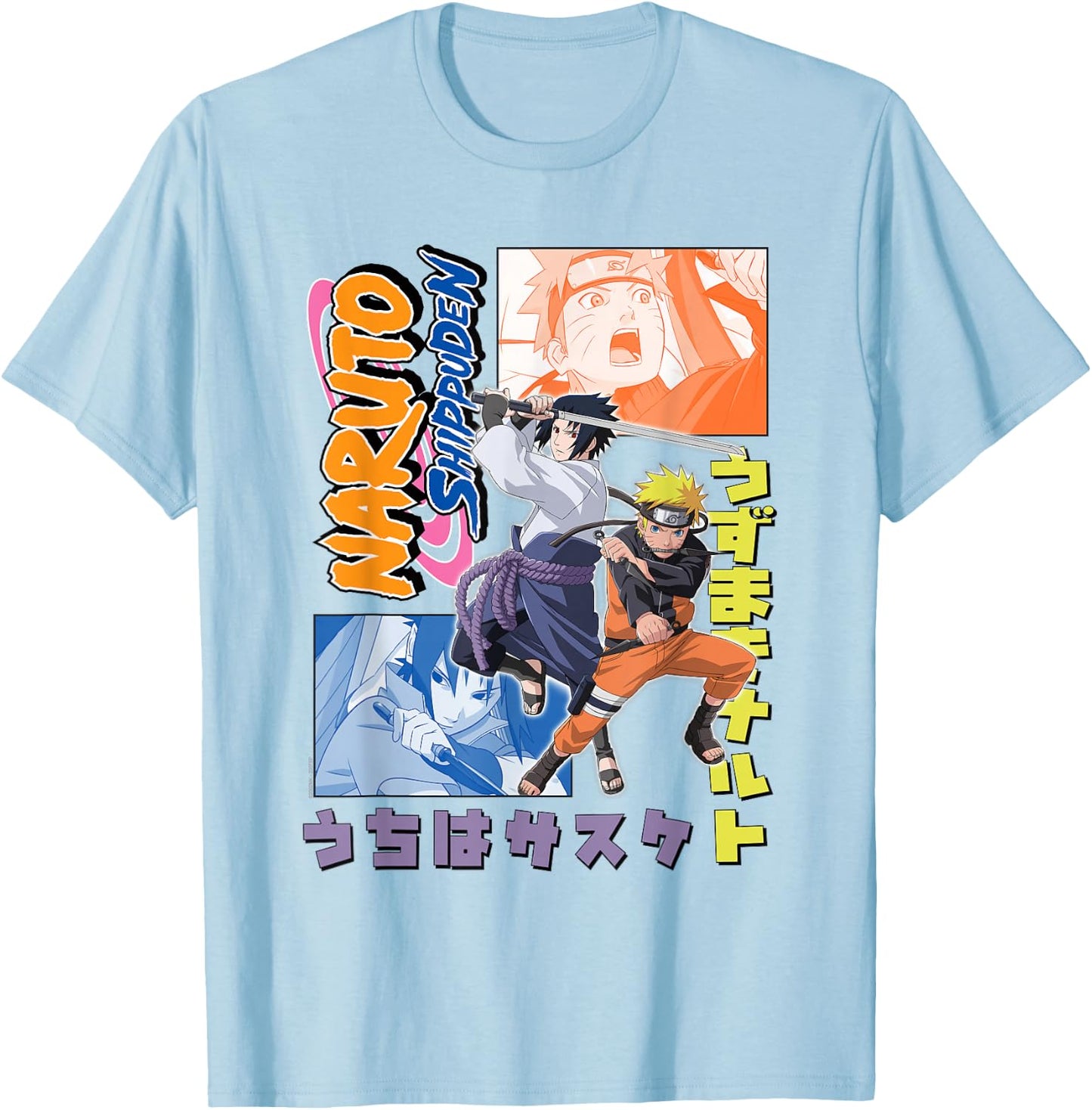 Naruto Shippuden Naruto Sasuke Kanji Collage Anime T-Shirt - T-Shirt | Light Blue