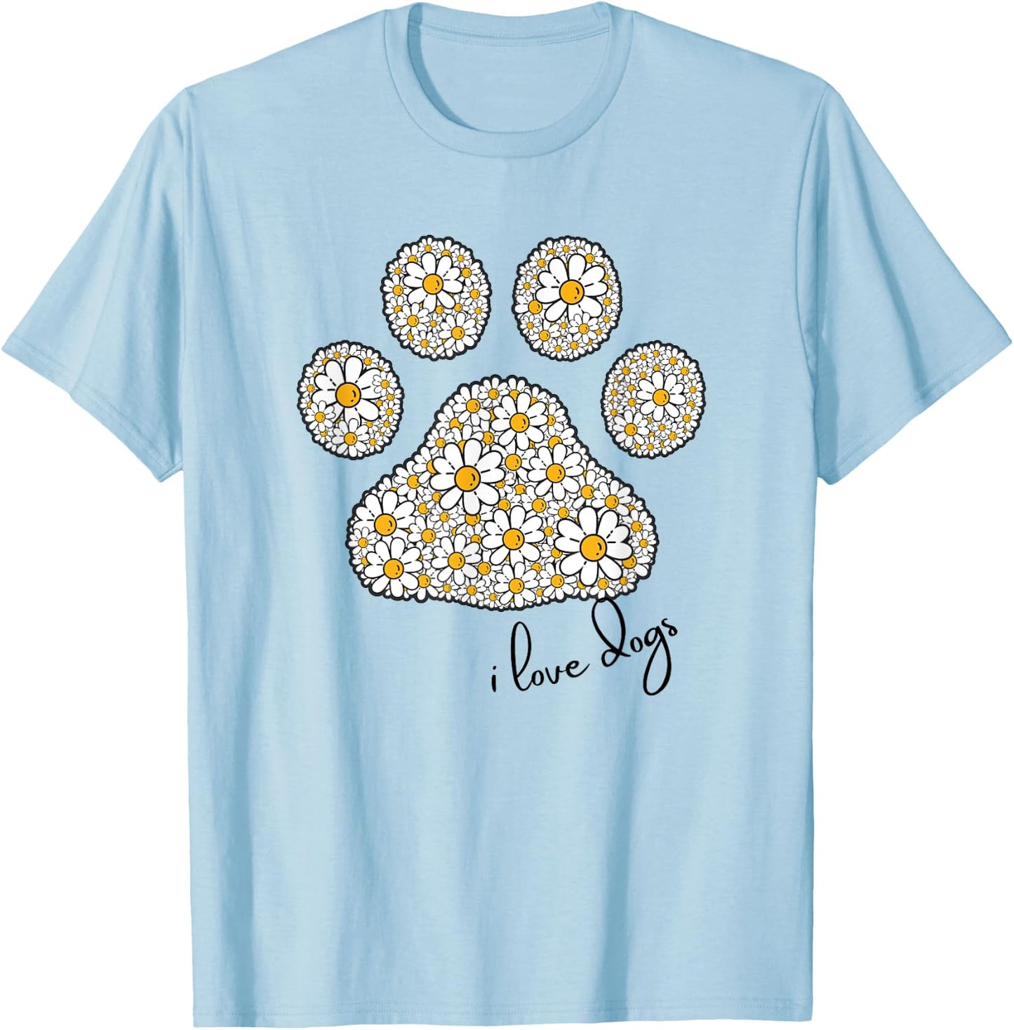 I Love Dogs for Girls Love Dog Paw Print Graphic Daisies T-Shirt - T-Shirt | Light Blue