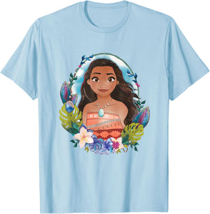 Disney Moana Beautiful Floral Face Portrait Vintage T-Shirt - T-Shirt | Light Blue