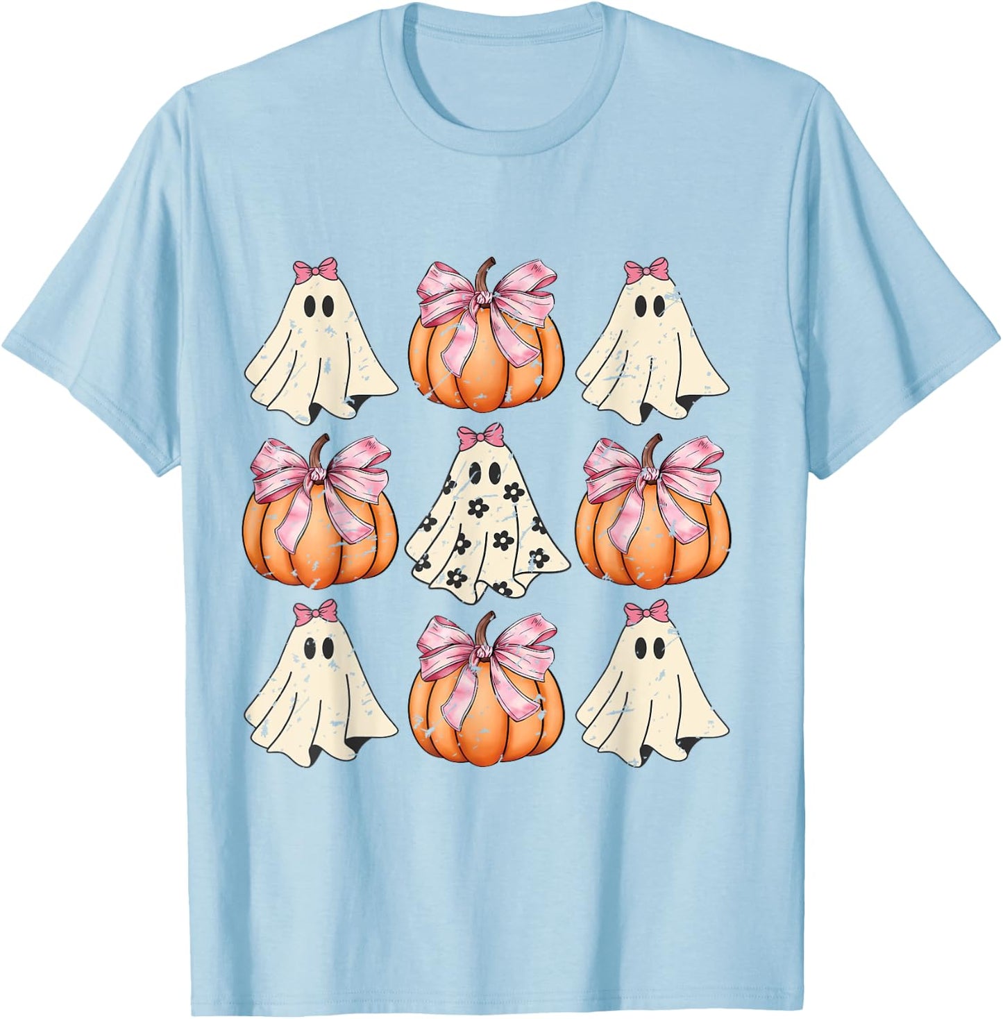 Cute Coquette Aesthetic Halloween Spooky Ghosts Pumpkins T-Shirt - T-Shirt | Light Blue