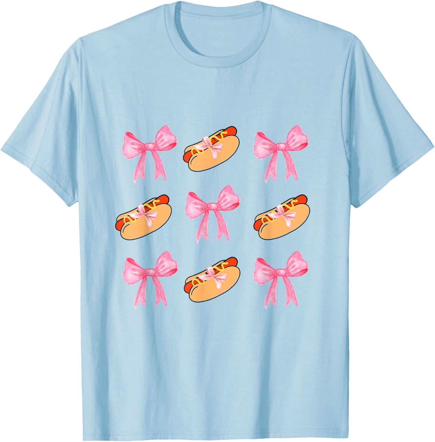 Pink Bows Cute Coquette hotdog y2k Girl Aesthetic T-Shirt - T-Shirt | Light Blue