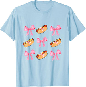 Pink Bows Cute Coquette hotdog y2k Girl Aesthetic T-Shirt - T-Shirt | Light Blue