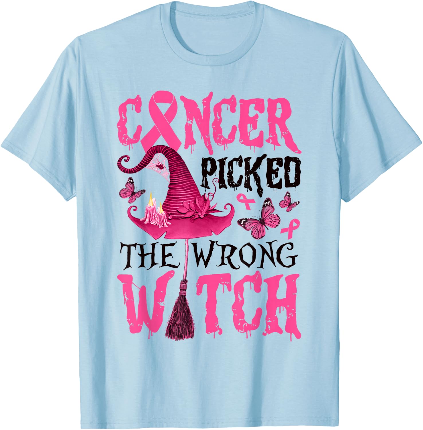 Breast Cancer Picked The Wrong Witch Halloween Women Girls T-Shirt - T-Shirt | Light Blue