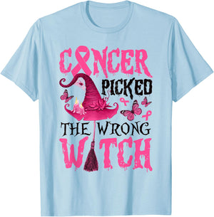 Breast Cancer Picked The Wrong Witch Halloween Women Girls T-Shirt - T-Shirt | Light Blue