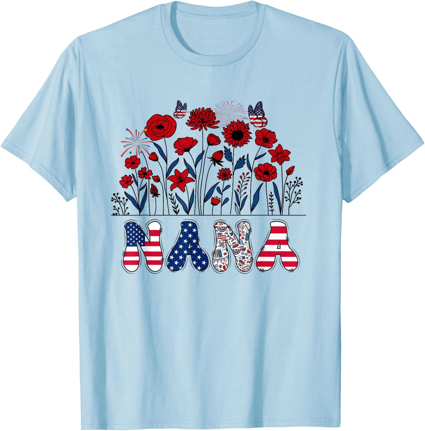 Groovy Nana 4th of July Patriotic Floral Women Mother's Day T-Shirt - T-Shirt | Light Blue