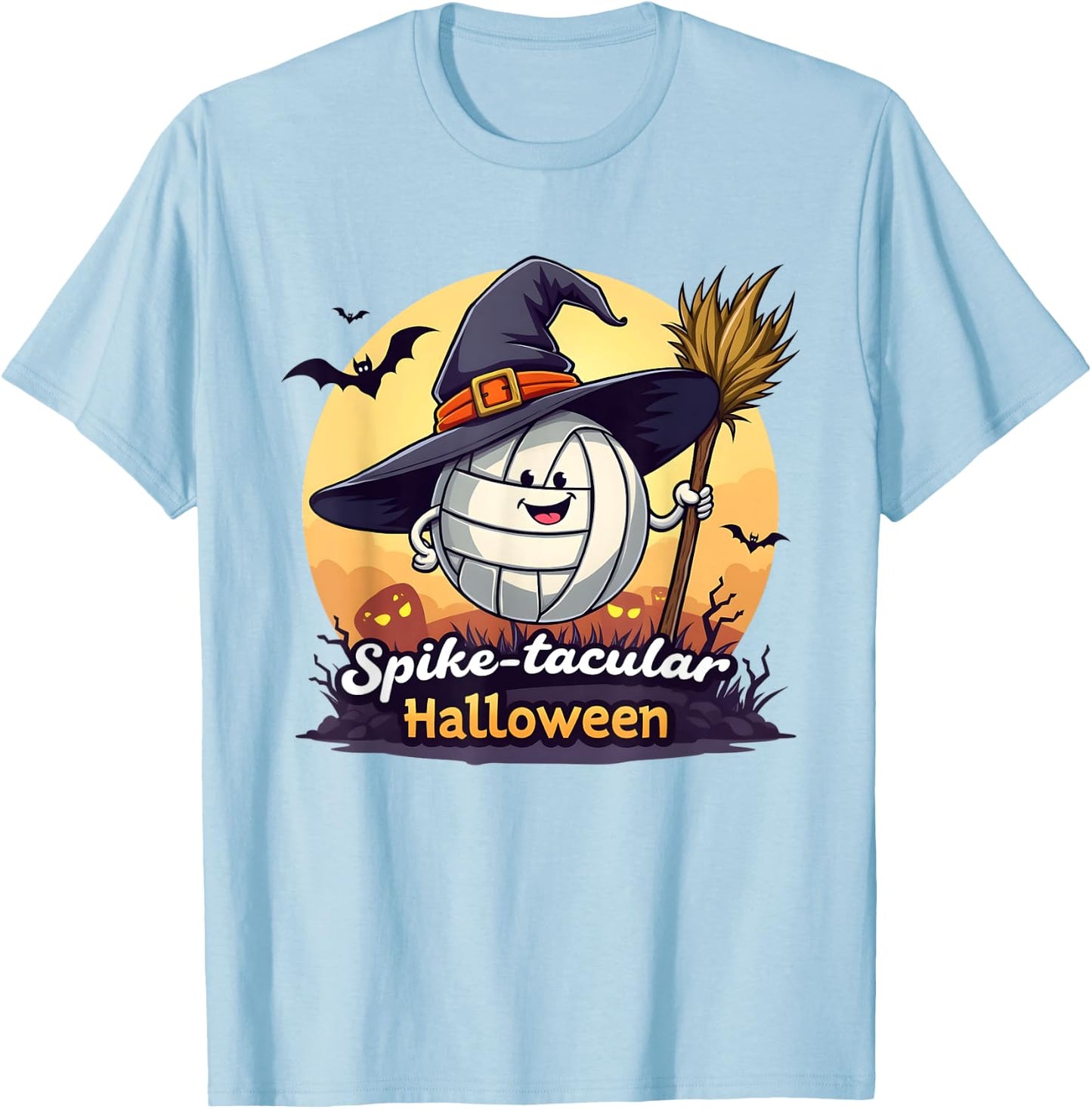 Spike-tacular Halloween Volleyball Witch Broom T-Shirt - T-Shirt | Light Blue