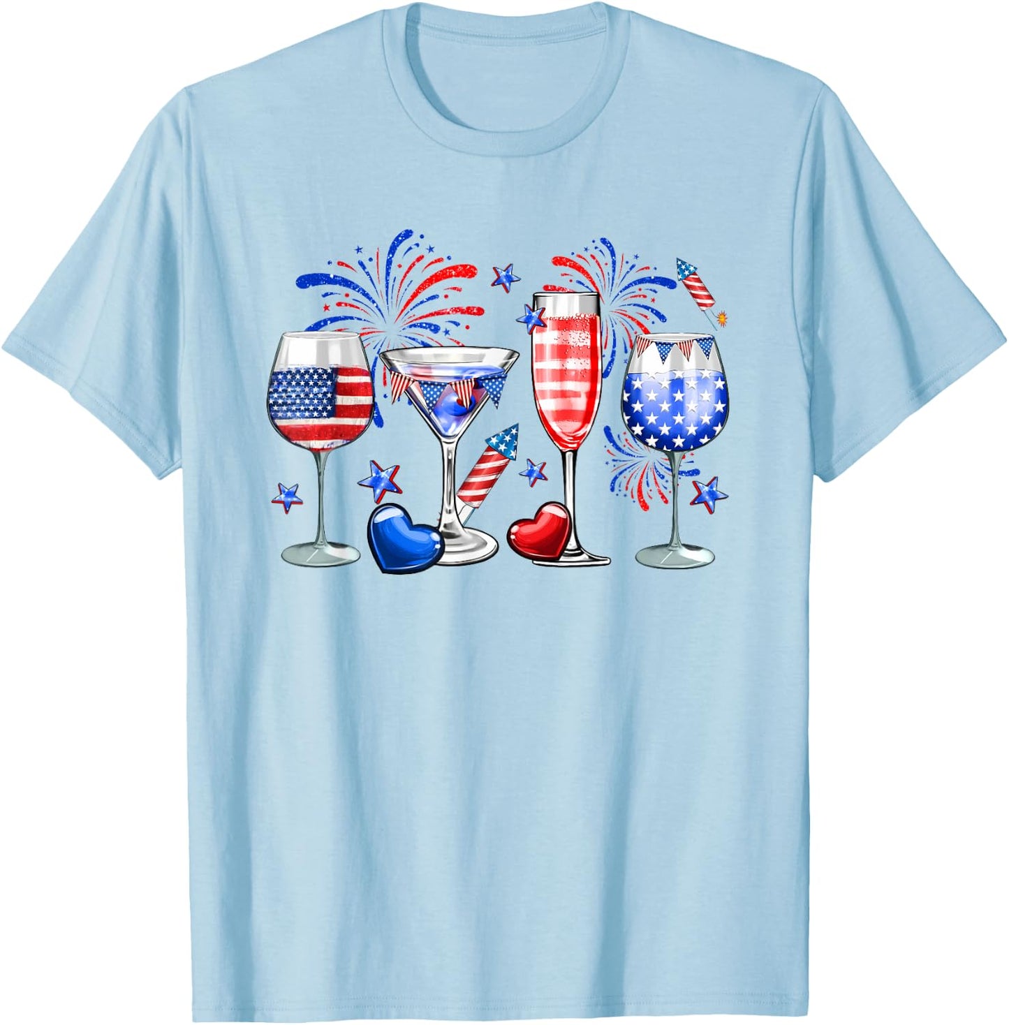 Wine Glasses 4th Of July Drinking Red White Blue USA Flag T-Shirt - T-Shirt | Light Blue