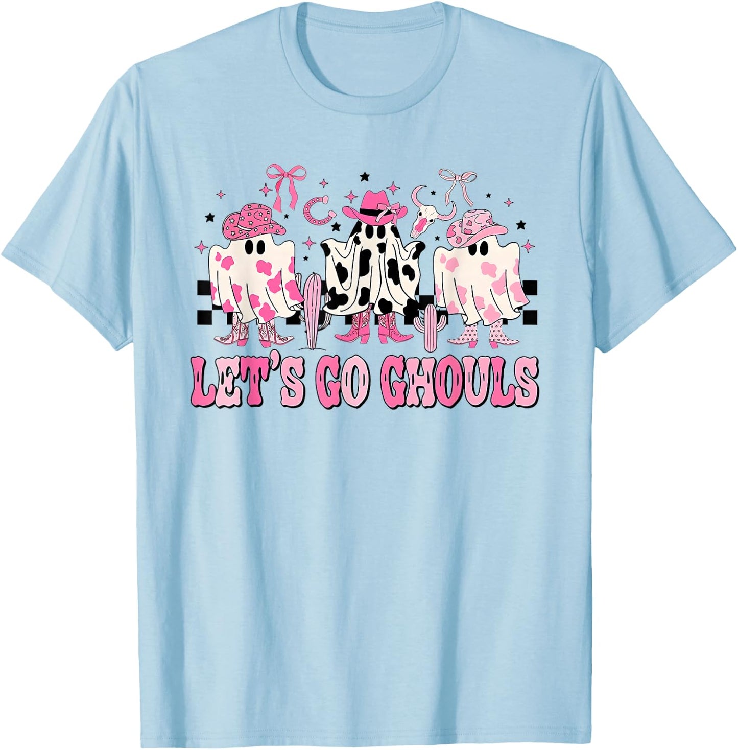 Lets Go Ghouls Groovy Pink Ghost Halloween Western Cowgirl T-Shirt - T-Shirt | Light Blue