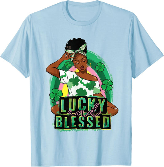 Lucky Blessed African Woman Afro Melanin St Patrick's Day T-Shirt - T-Shirt | Light Blue