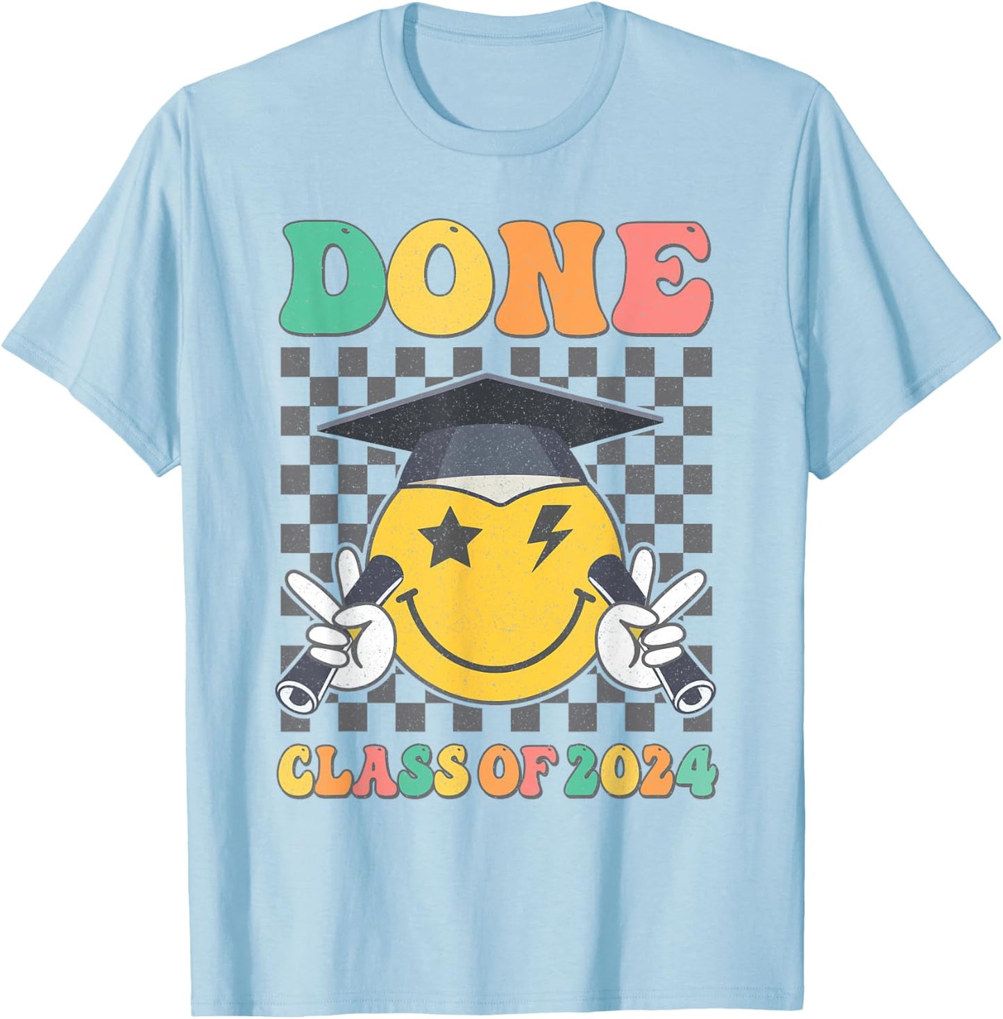 Retro Groovy DONE Class Of 2024 Smile Face Senior Graduation T-Shirt - T-Shirt | Light Blue