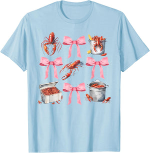 Pink Bow Cute Coquette Crawfish Boil Y2K Girl Aesthetic T-Shirt - T-Shirt | Light Blue