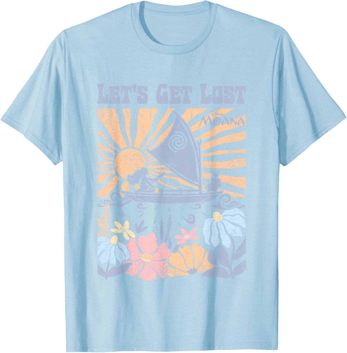 Disney Moana Let's Get Lost Pastel Colors Retro Chest Poster T-Shirt - T-Shirt | Light Blue