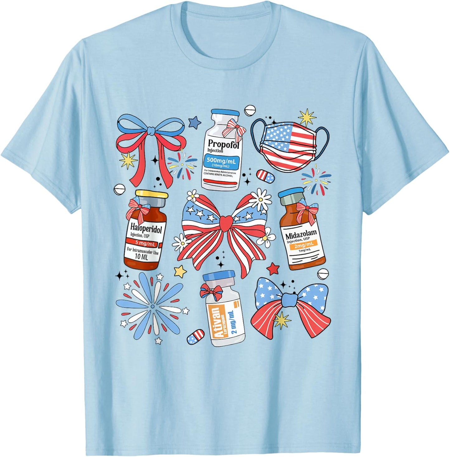 Coquette Bow 4th of July Nurse Girly Pharmacy ICU Nurse CRNA T-Shirt - T-Shirt | Light Blue