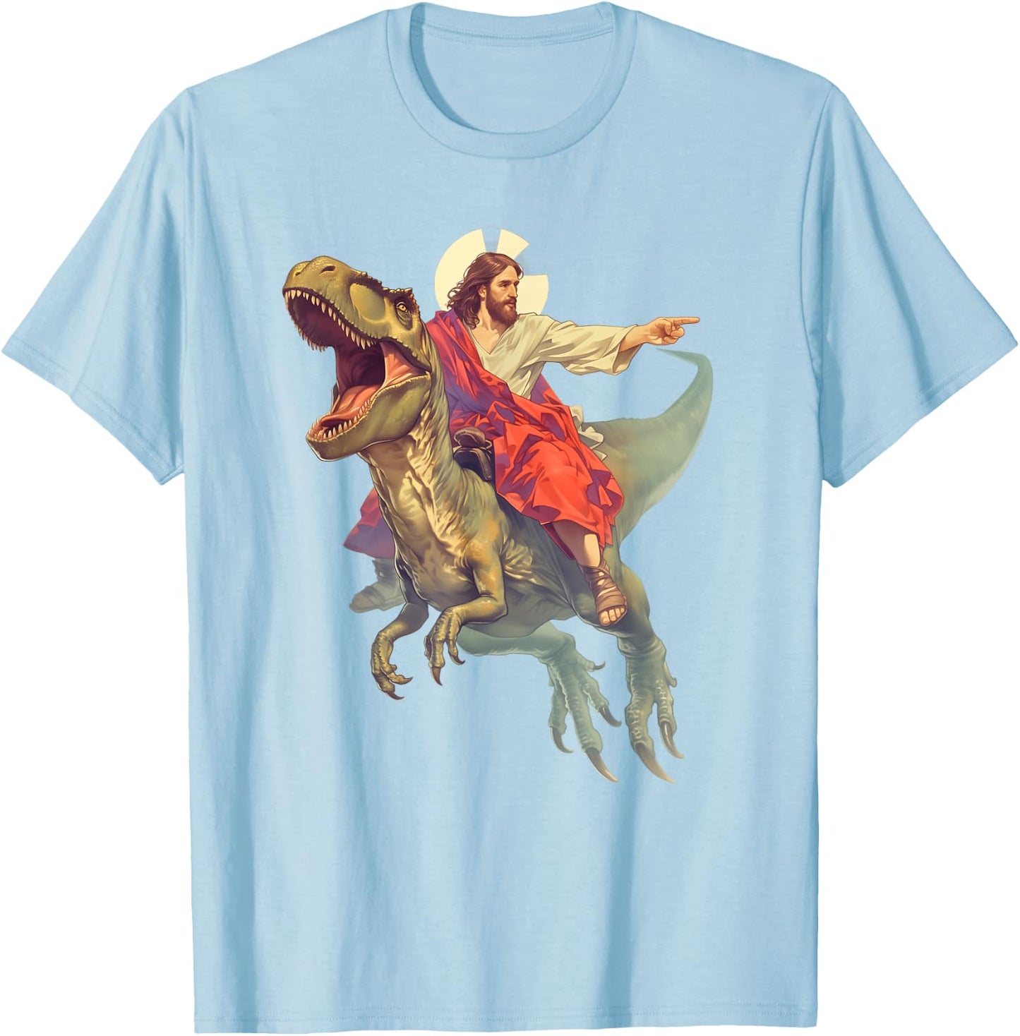 Jesus on Dinosaur | Funny Meme Oddly Specific Weird Ironic T-Shirt - T-Shirt | Light Blue