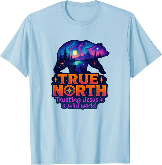 True-North-Bear Christian Outdoors Hiking Faith Based Design T-Shirt - T-Shirt | Light Blue