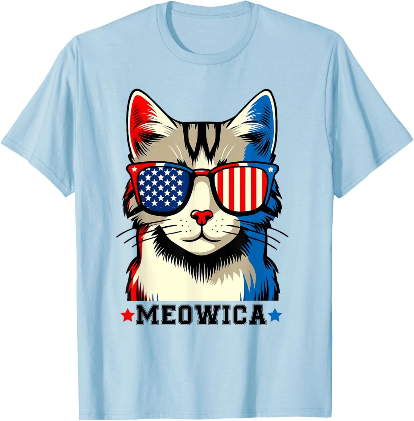 Vintage Cat 4th of July USA Flag Meowica Patriotic T-Shirt - T-Shirt | Light Blue
