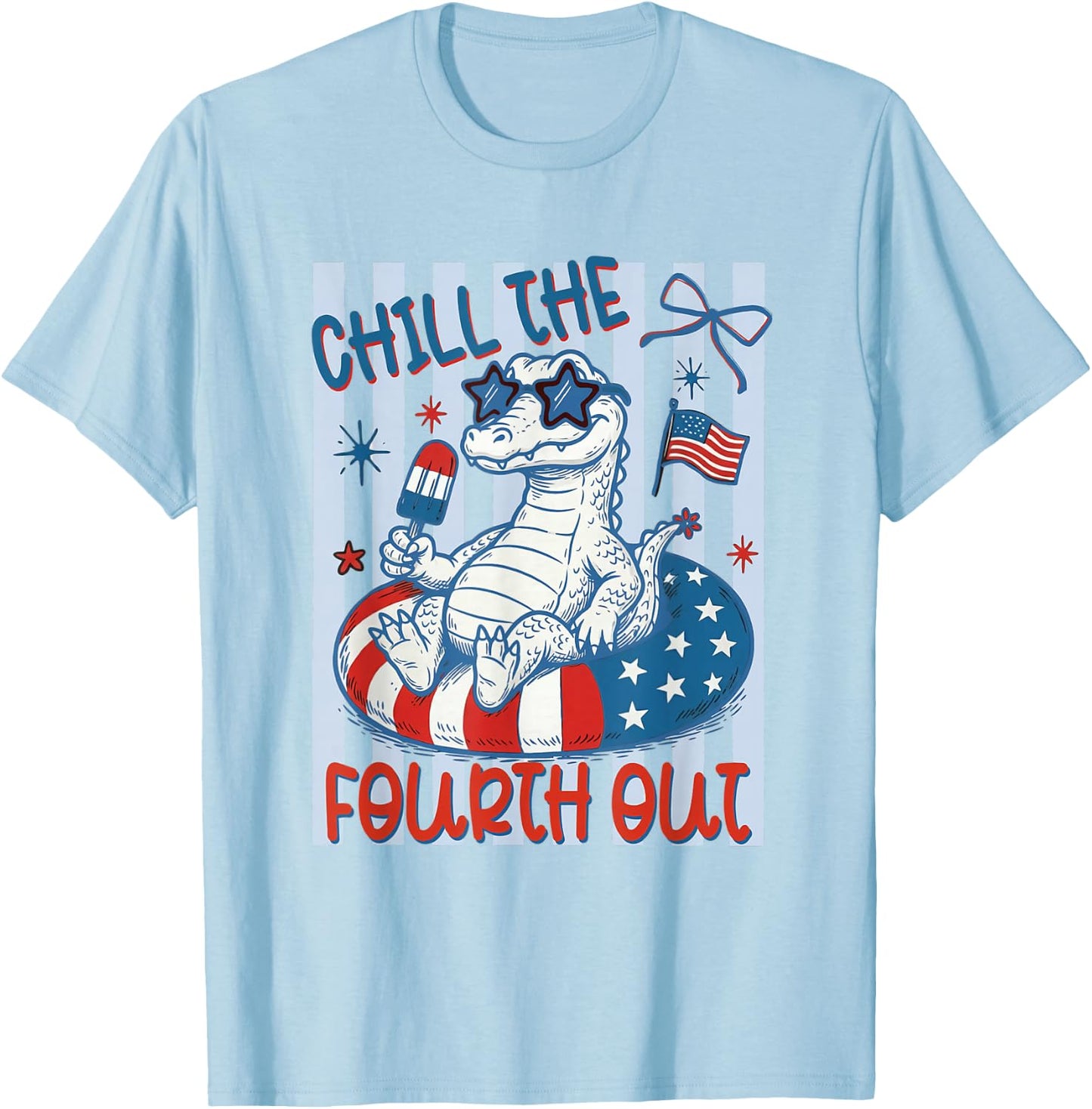Striped Chill the Fourth Out Crocodile American Flag Gator T-Shirt - T-Shirt | Light Blue