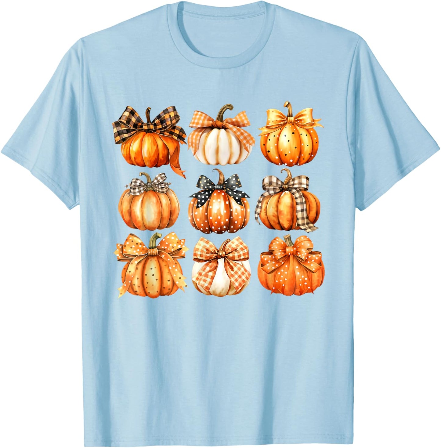 Retro Pumpkin Coquette Bow Fall Autumn Halloween Girl Women T-Shirt - T-Shirt | Light Blue