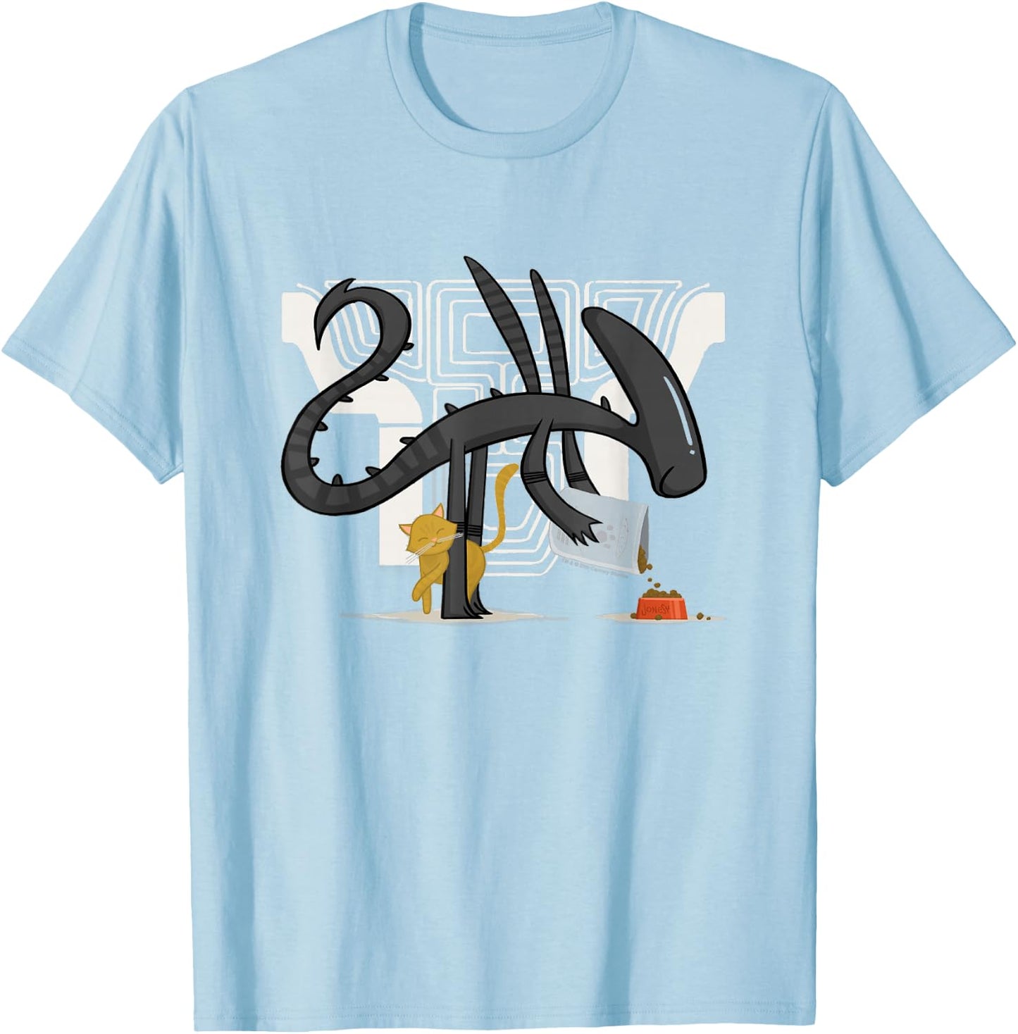 Aliens Cute Animated Xenomorph Feeding Cat Big Chest Logo T-Shirt - T-Shirt | Light Blue