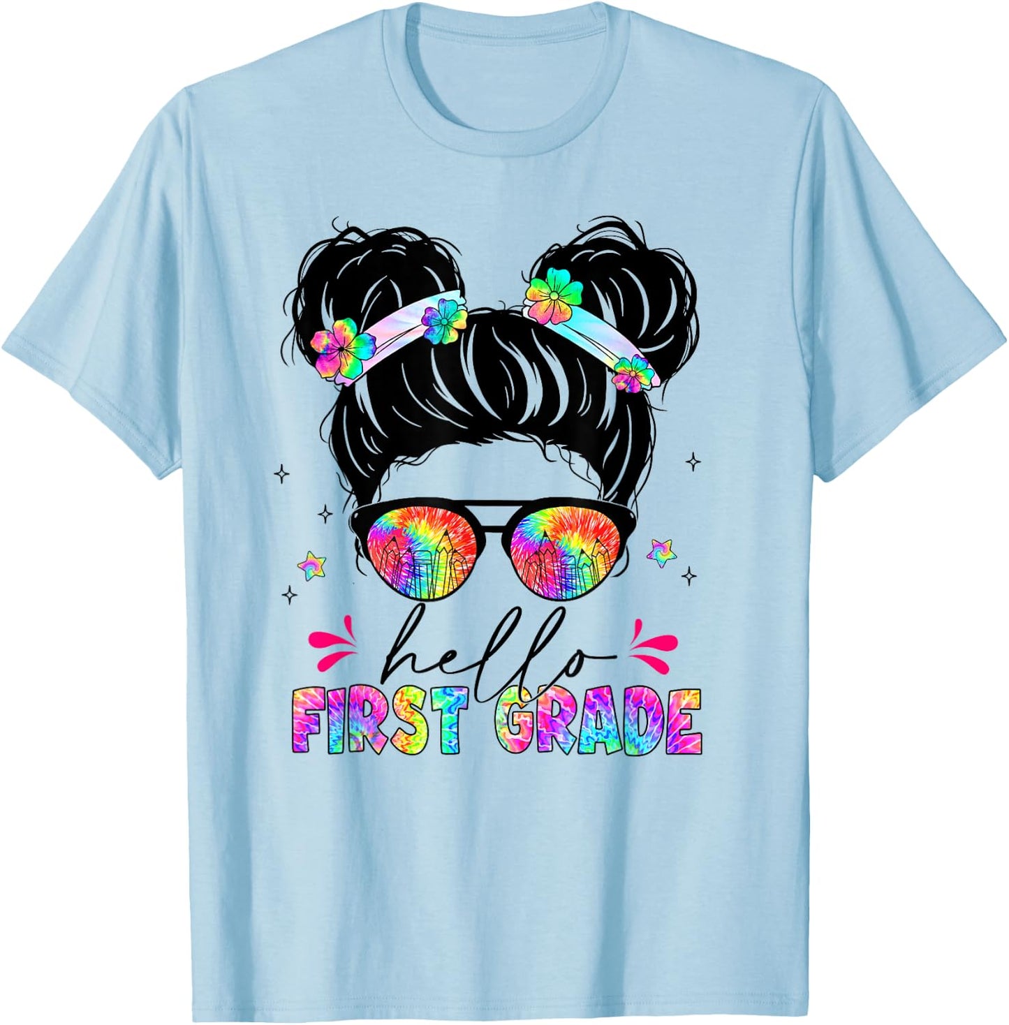 Hello First Grade shirt messy bun tie dye back to school T-Shirt - T-Shirt | Light Blue