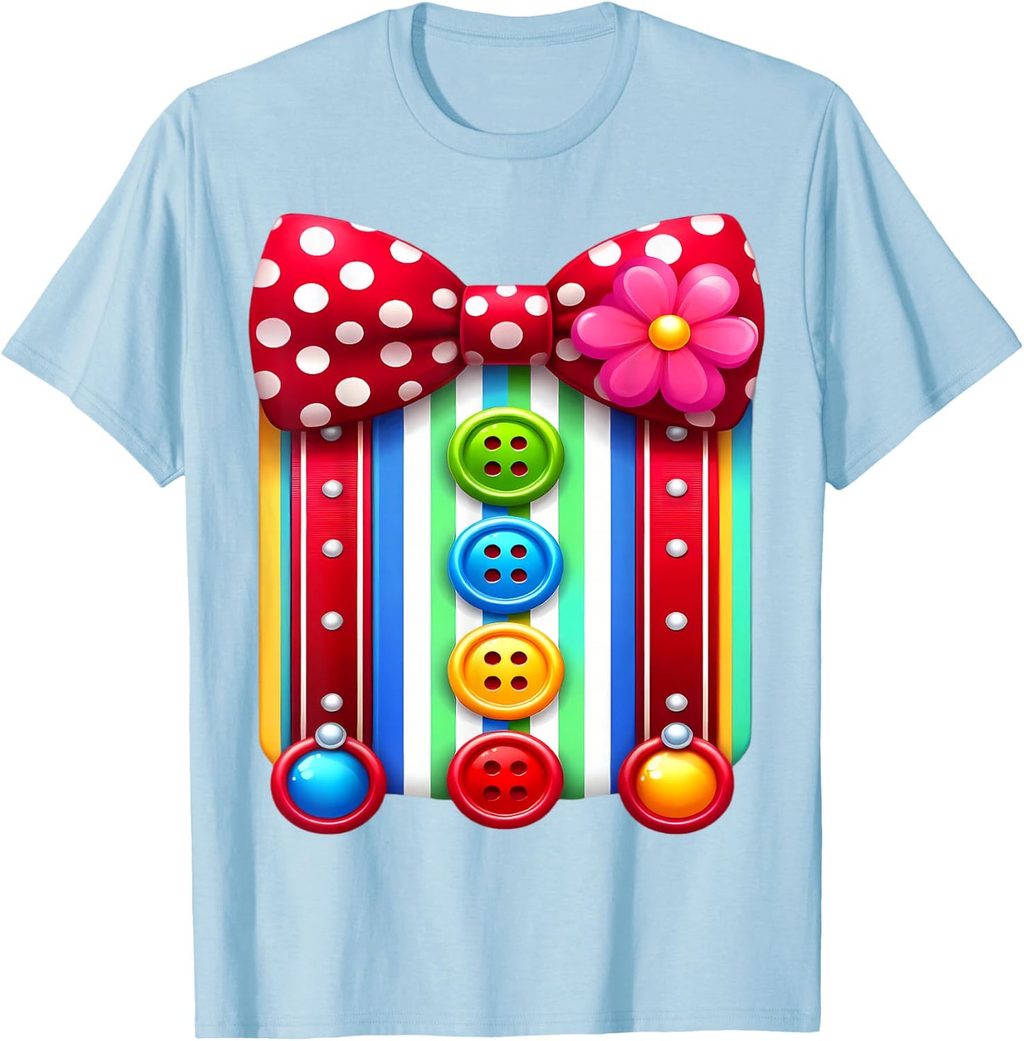 Colorful Clown Costume Funny Bow Tie and Buttons Design T-Shirt - T-Shirt | Light Blue