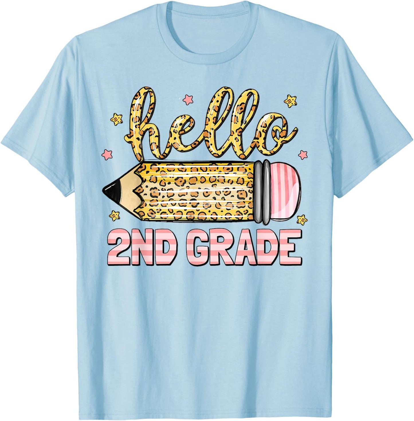 Back To School Hello Second 2nd Grade Leopard Pencil Girl T-Shirt - T-Shirt | Light Blue