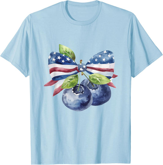 American Flag Coquette Bow Blueberry Patriotic 4th Of July Women Kids Men T-Shirt - T-Shirt | Light Blue