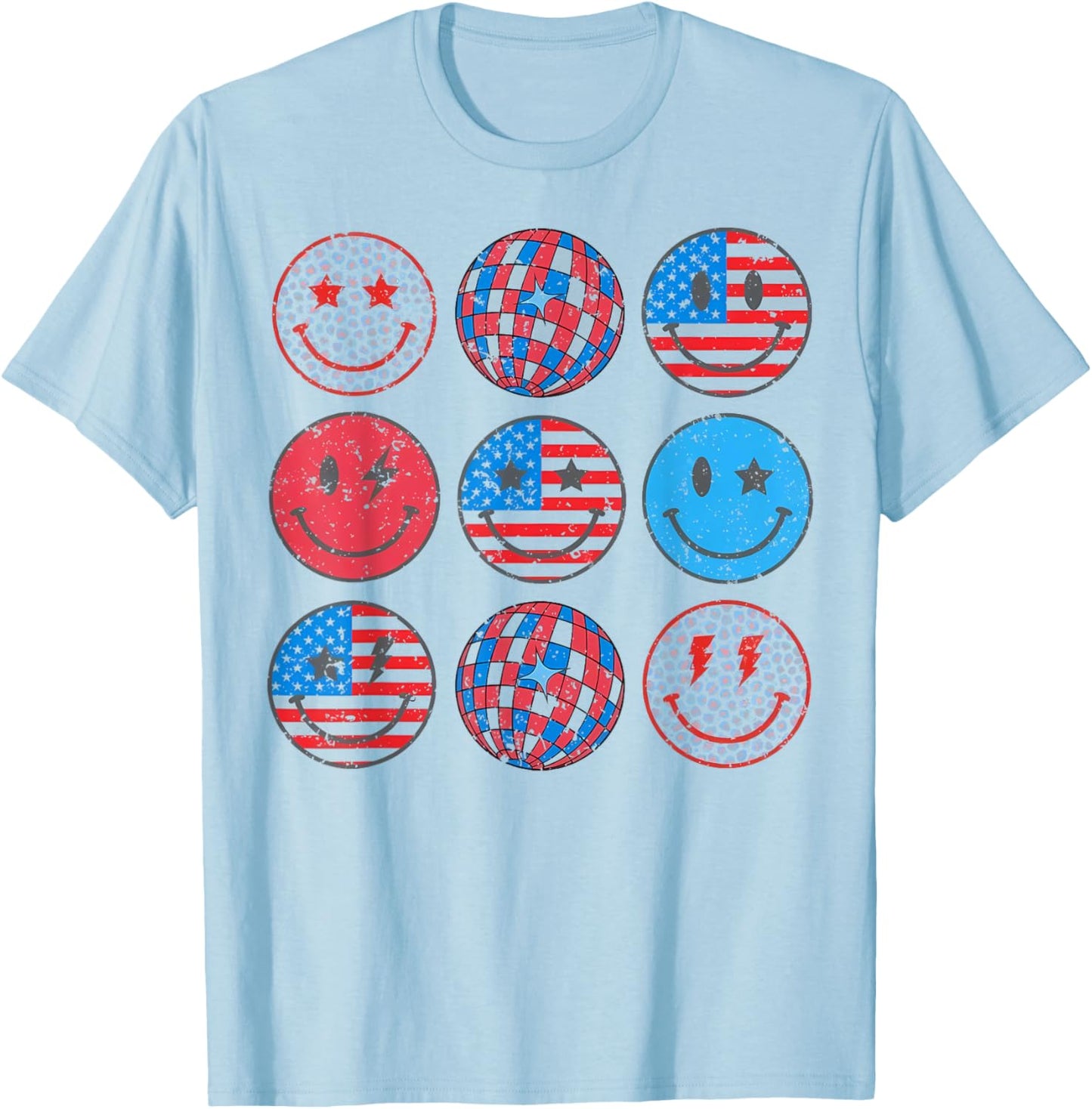 Happy 4th Of July Groovy Smile Face Red White Blue USA Flag Kids Men T-Shirt - T-Shirt | Light Blue