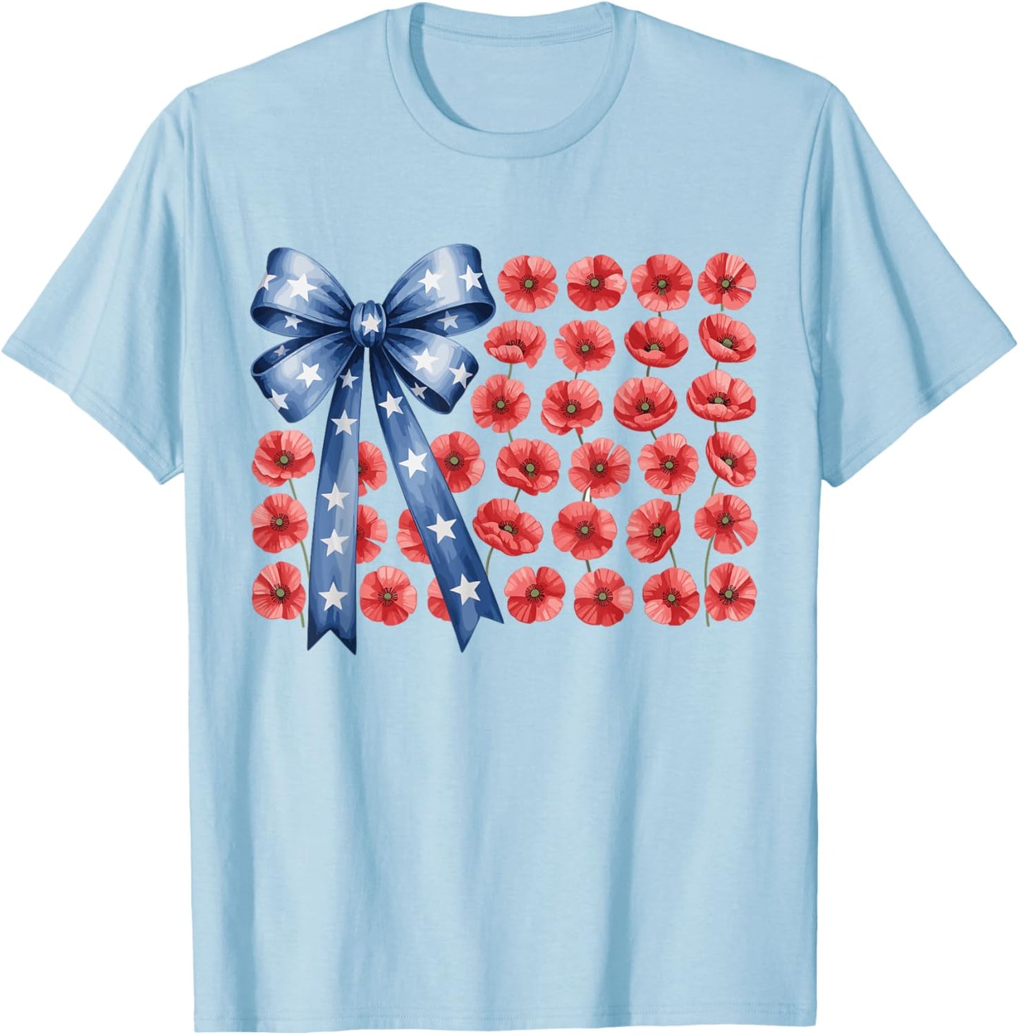Floral 4th Of July Bow American Flag Flowers USA T-Shirt - T-Shirt | Light Blue