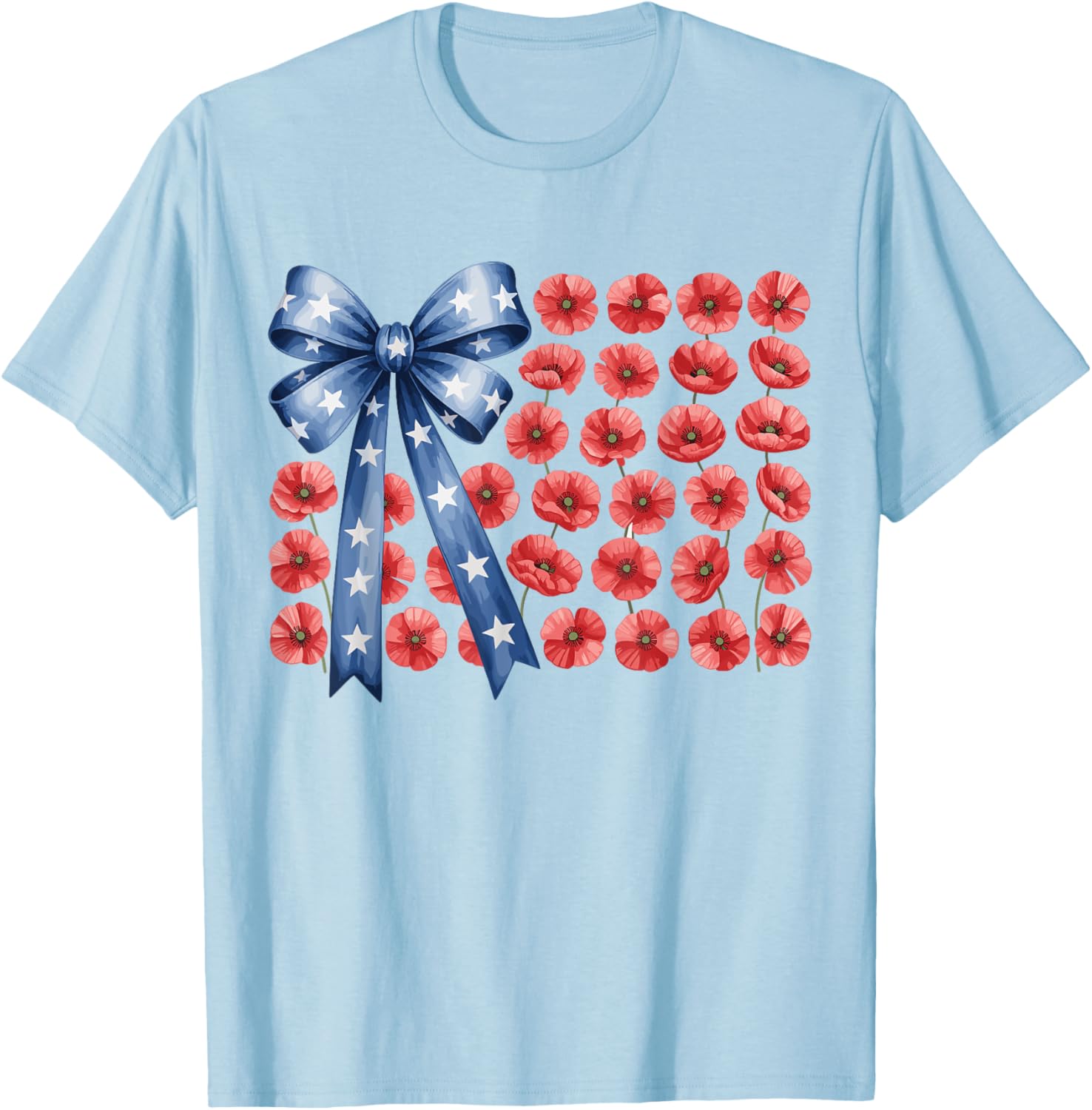 Floral 4th Of July Bow American Flag Flowers USA T-Shirt - T-Shirt | Light Blue