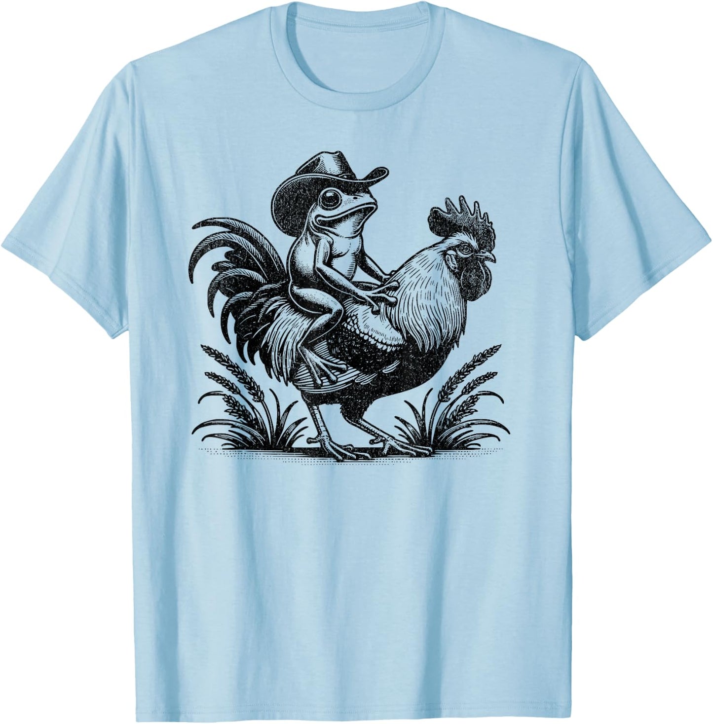 Funny Frog With Cowboy Hat Riding Rooster Country Life T-Shirt - T-Shirt | Light Blue