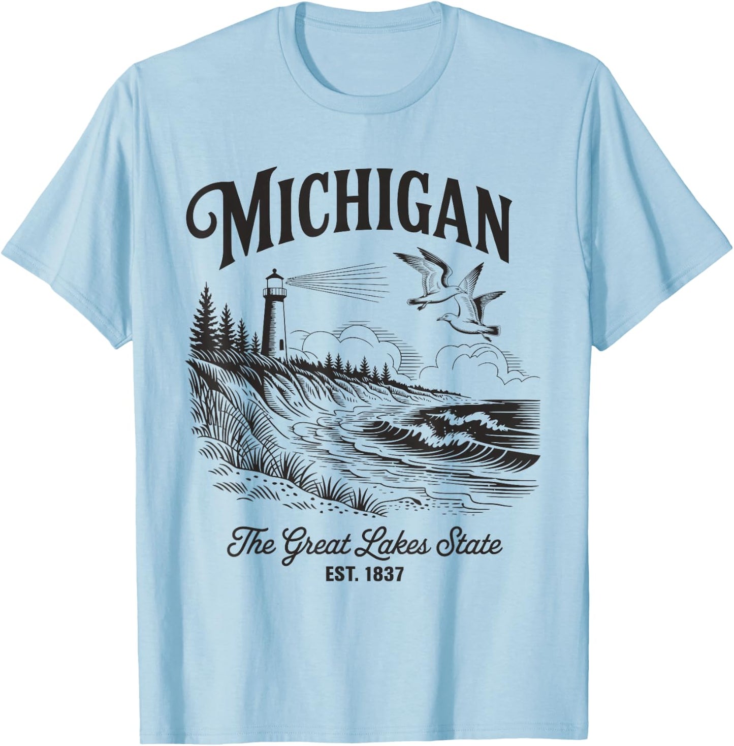 Michigan Lighthouse Waves Scene The Great Lakes State Nature T-Shirt - T-Shirt | Light Blue