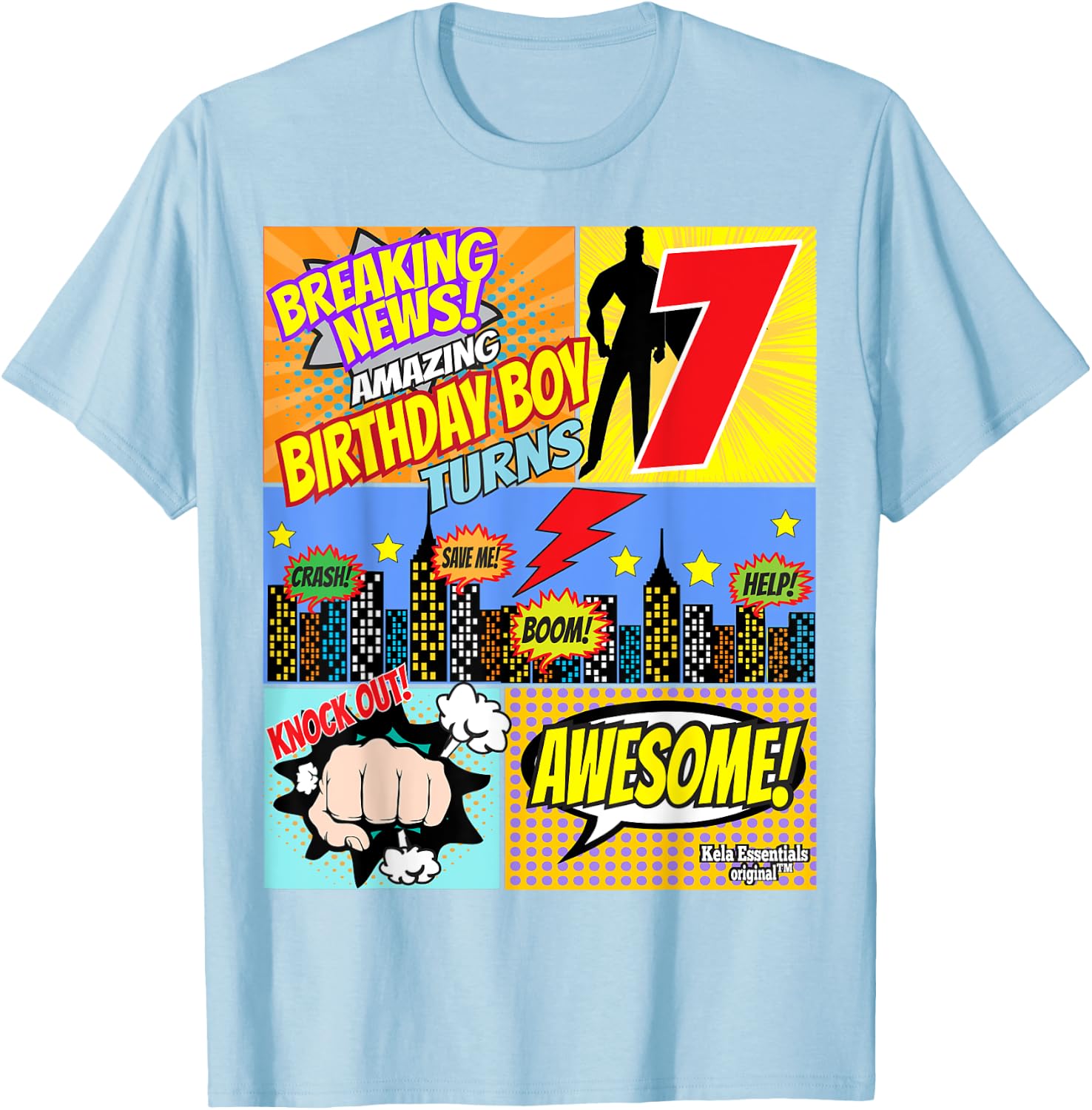 Superhero Birthday Shirt Boys 7 Amazing Awesome Super T-Shirt - T-Shirt | Light Blue