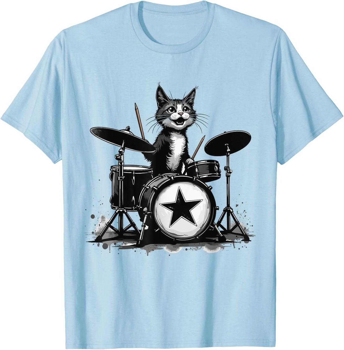 Punk Rockstar Kitten Kitty Cat Drummer Playing Drums Graphic T-Shirt - T-Shirt | Light Blue