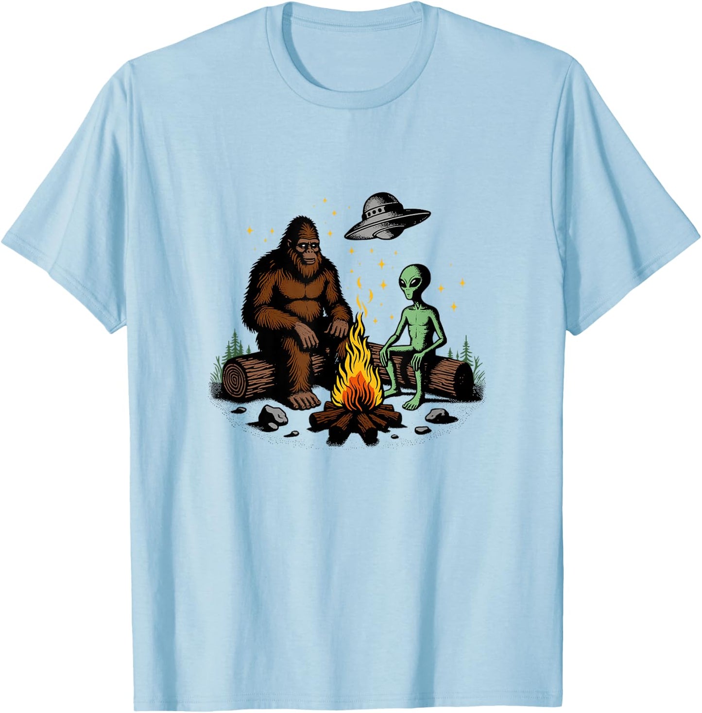 Bigfoot And Alien Campfire Gifts For Outdoor Lovers T-Shirt - T-Shirt | Light Blue