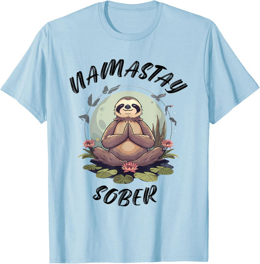 Namastay Sober Sloth NA AA Alcoholics Anonymous Mediation T-Shirt - T-Shirt | Light Blue