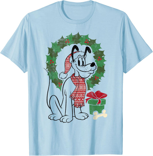 Disney Mickey And Friends Christmas Pluto Wreath Portrait T-Shirt - T-Shirt | Light Blue