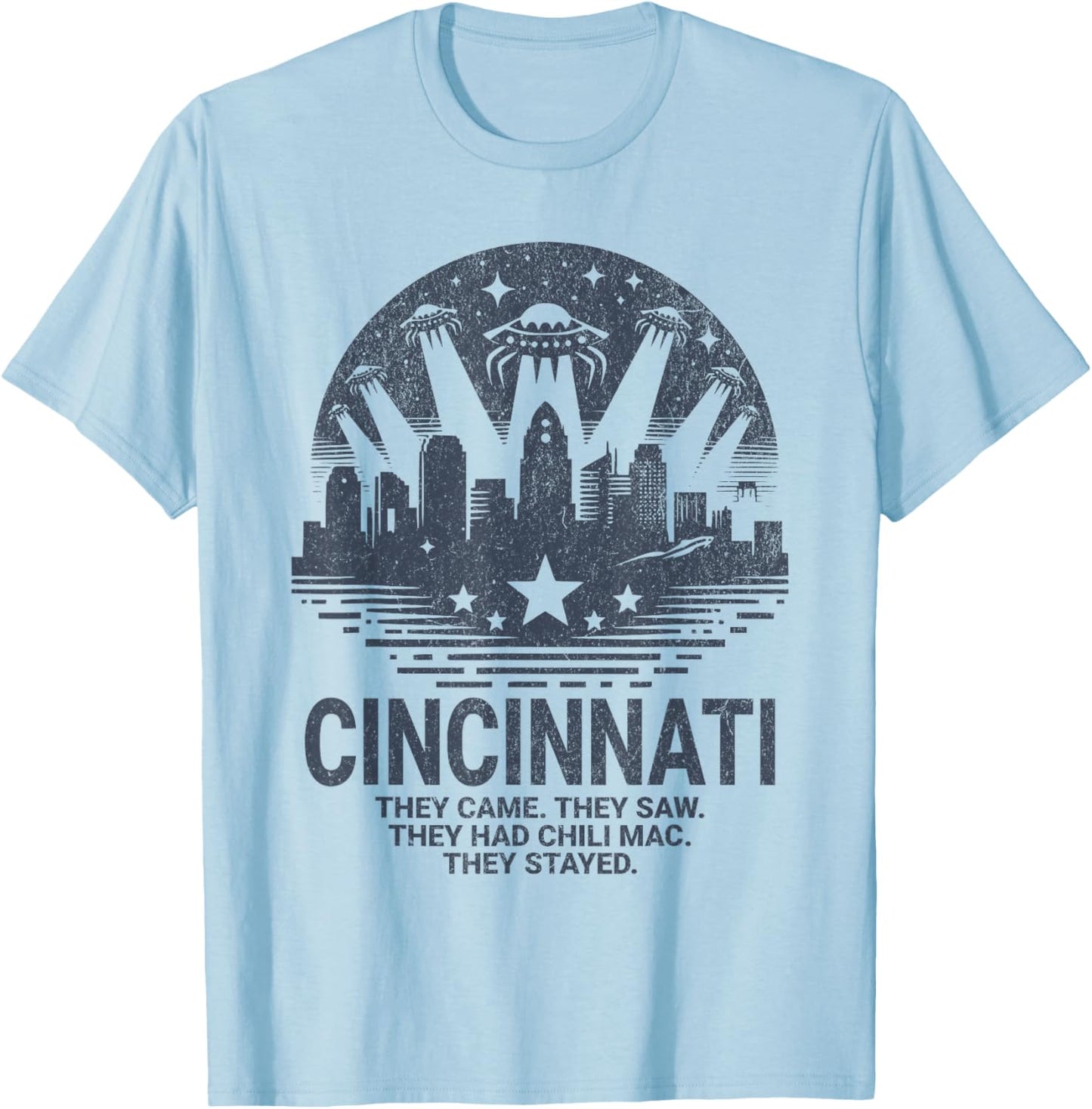Funny Cincinnati OH City Skyline UFO Chili Mac Cincinnati T-Shirt - T-Shirt | Light Blue