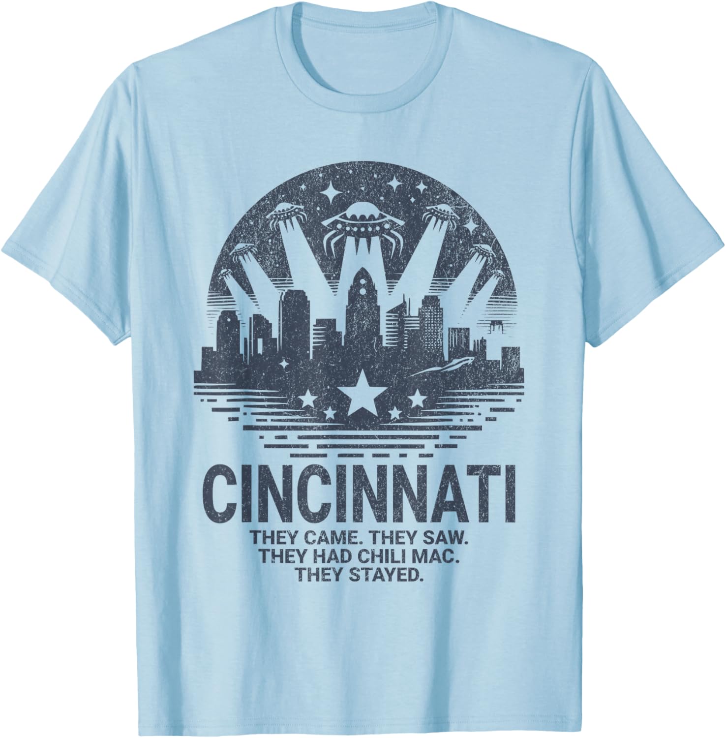 Funny Cincinnati OH City Skyline UFO Chili Mac Cincinnati T-Shirt - T-Shirt | Light Blue