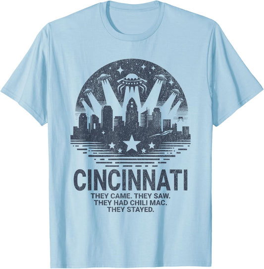 Funny Cincinnati OH City Skyline UFO Chili Mac Cincinnati T-Shirt - T-Shirt | Light Blue