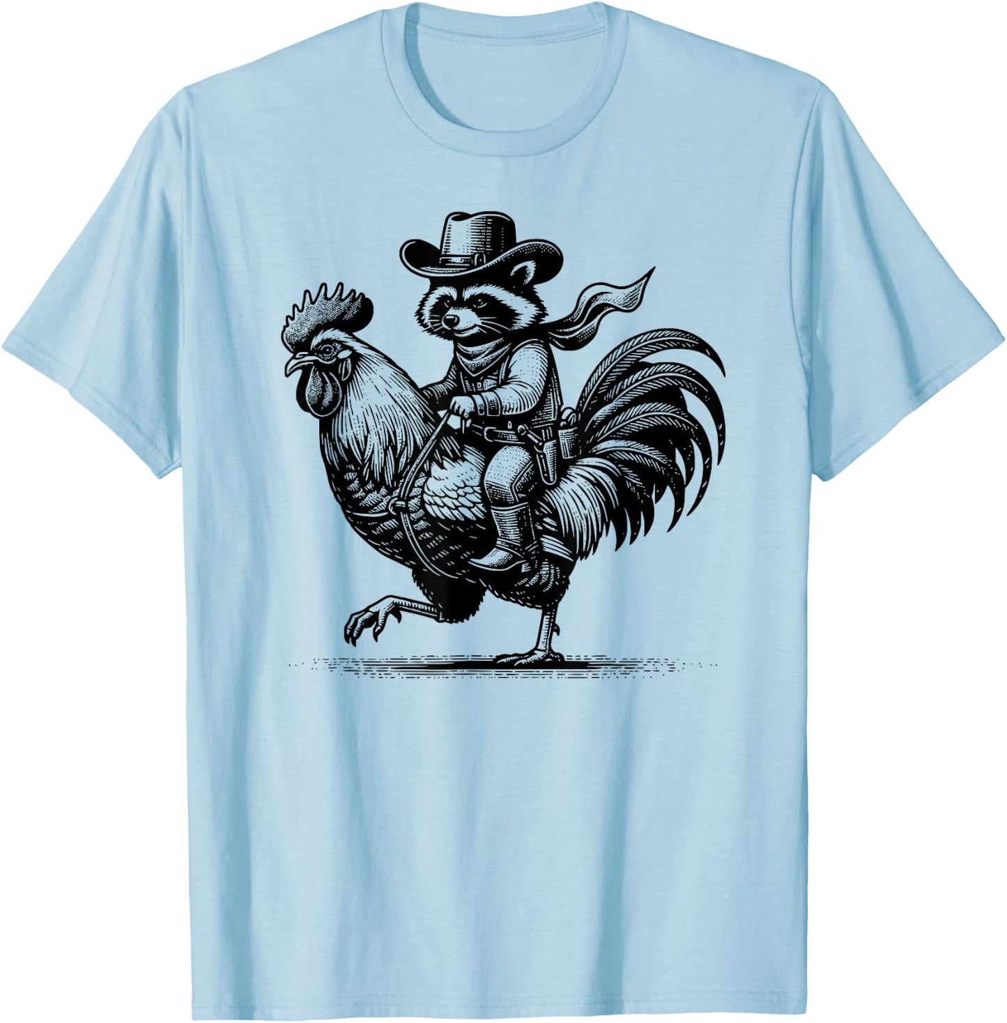 Funny Raccoon With Cowboy Hat & Boots Riding Rooster Vintage T-Shirt - T-Shirt | Light Blue