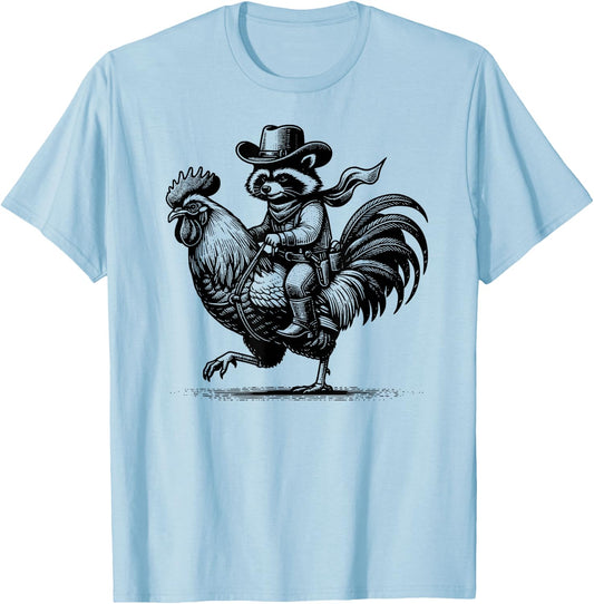 Funny Raccoon With Cowboy Hat & Boots Riding Rooster Vintage T-Shirt - T-Shirt | Light Blue