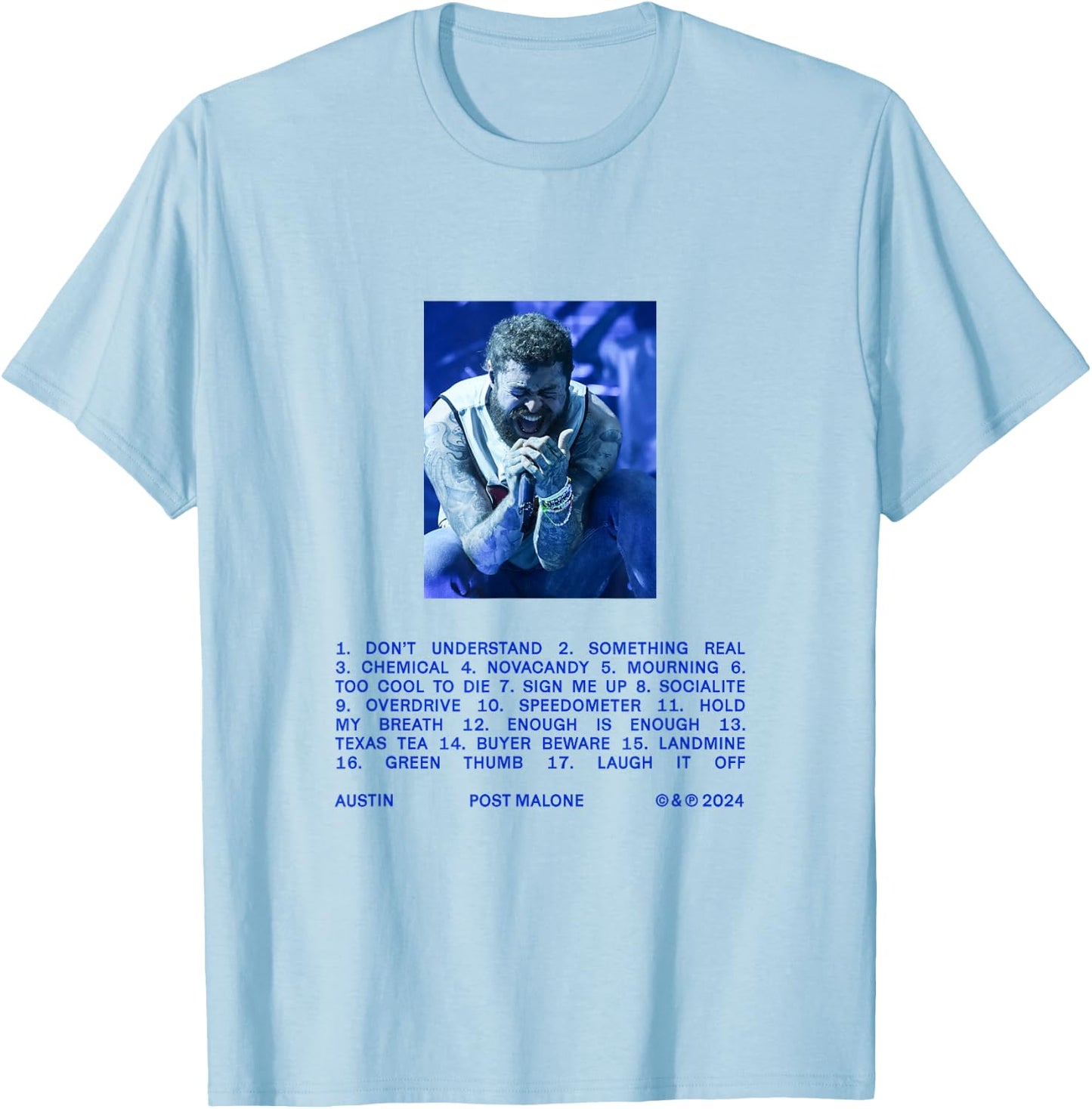 Official Post Malone Austin Tracklist T-Shirt - T-Shirt | Light Blue