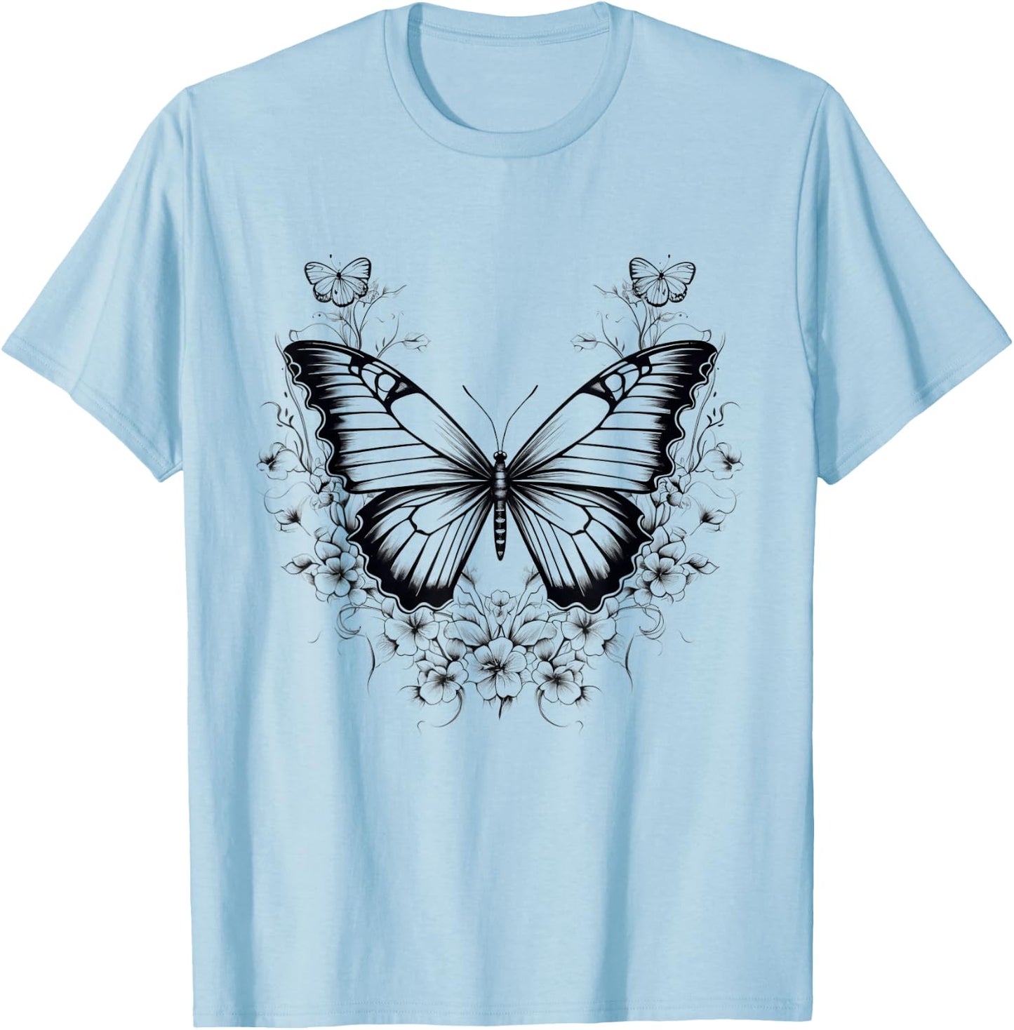Butterfly Graphical Drawing Animal Flowerful Butterfly Lover T-Shirt - T-Shirt | Light Blue