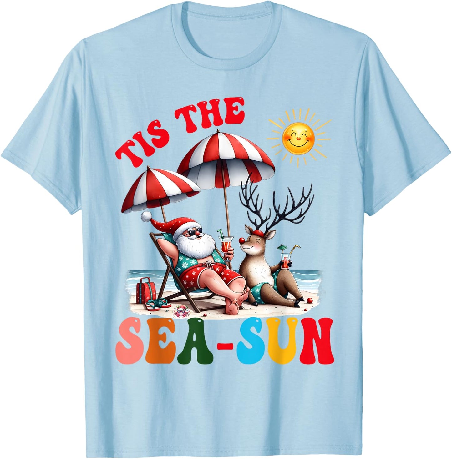 Funny Santa Tis the Sea-Sun Christmas Summer Reindeer Family Men Women Kids T-Shirt - T-Shirt | Light Blue