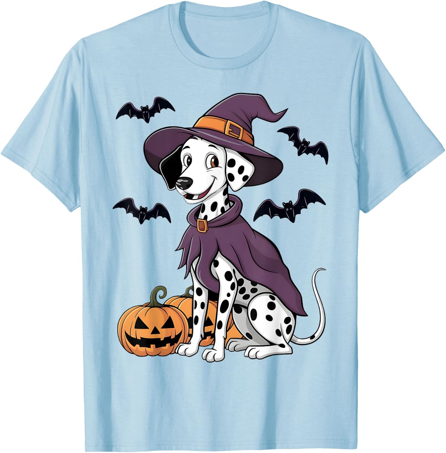 Scary Pumpkin Bat Funny Witch Hat Dalmatian Dog Halloween T-Shirt - T-Shirt | Light Blue