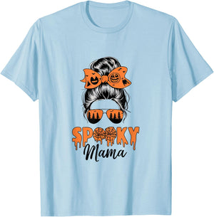 Spooky Mama Mommy Halloween Mom Life Messy Bun T-Shirt - T-Shirt | Light Blue
