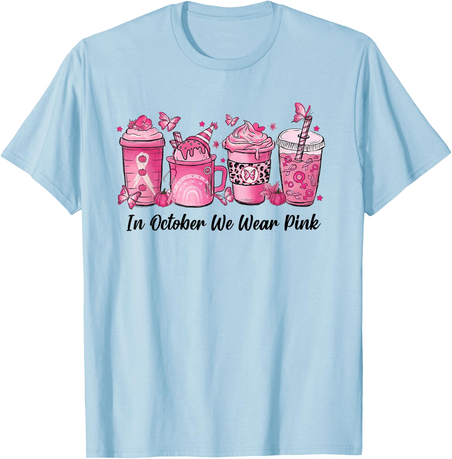 In October We Wear Pink Leopard Breast Cancer Coffee T-Shirt - T-Shirt | Light Blue